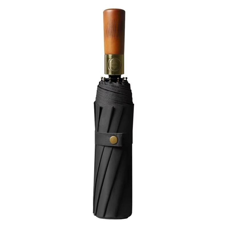 Ombrello automatico 3 pieghe a 10 coste, manico in legno massello, protezione UV con rivestimento nero