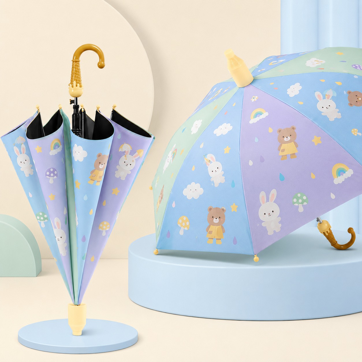 Ombrello automatico personalizzato per bambini a forma di cartone animato con tettuccio in vinile